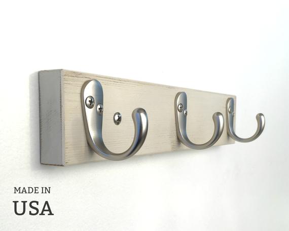 Triple Towel Hook in Brushed Nickel and Rustic White Wood by andrewsreclaimed