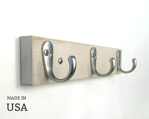 Triple Towel Hook in Brushed Nickel and Rustic White Wood by andrewsreclaimed