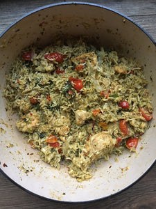 One-Pot Mediterranean Chicken & Rice (with pistachio-parsley pesto, za’atar roasted tomatoes, and homemade pita)