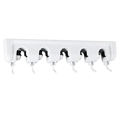 OUNONA Mop Broom Holder Wall Mounted Storage Rack with 5 Ball Slots and 6 Hooks for Closet Rakes Broom Garden Garage Tool Storage (White)