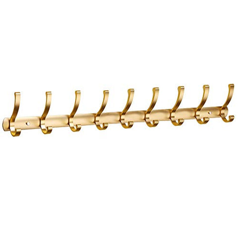YANGMAN Wall Mounted Coat Rack,Space Aluminum Towel Hanger Holder Hanging Scarf/Handbag/ Hat/Tie/ Jewelry Ect, for Kitchen Bedroom Bathroom Office Garage Storage(Gold),85X6.5X10.5Cm9hooks