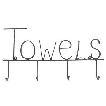 "ABC Products" - Vintage Heavy Metal - Towel Hook Holder - With The Word "Towels" Across The Top - Wall Mount - 4 Looped Ball Hooks - (Flat Black Finish - Use Anywhere)