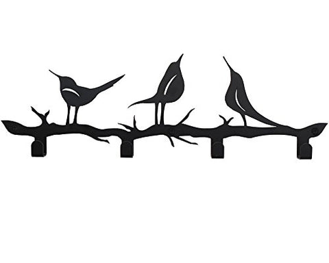4 Hooks Wall Mounted Hanger, Holder for Towels, Keys, Coats, Hats, Robes and Clothes with Bird Décor (Black)