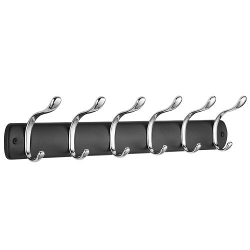 InterDesign Bruschia Wall Mount Storage Rack – Hanging Hooks for Jackets, Coats, Hats or Scarves - 6 Dual Hooks, Matte Black/Chrome