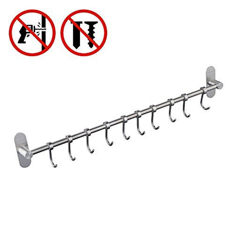 Kelelife Self Adhesive Organizer RackÂ with 10Â Hooks, No Drilling StainlessÂ Steel Kitchen Utensil Holder, Brushed Nickel
