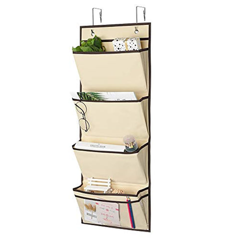 Hanging Wall Organizer, Over The Door File Organizer by Aoolife-Hanging Wall File Folder Office Supplies Storage Organizer with 2 Stainless Steel Hook,4 pocekt Hanging Storage Organizer (Beige)