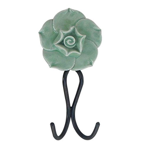 Indianshelf Handmade 1 Artistic Vintage Green Ceramic Rose Clothes Hooks Holders/Key Holder