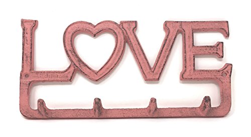 BG Home Collections Key Holder. Wall Mount Key Hook. Rustic Western Cast Iron Hanger - With Screws and Anchors. Measures: 11" x 6" (LOVE, Pinkwashed Cast Iron)