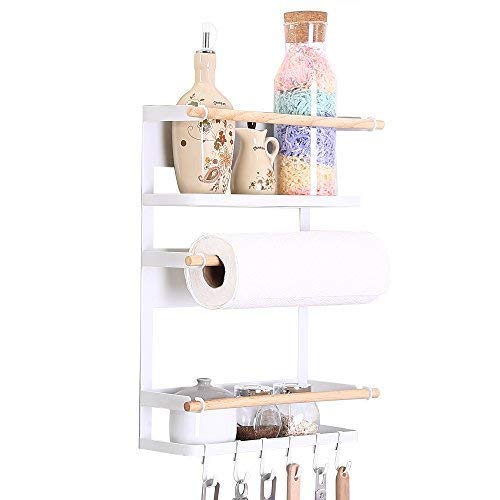 Kitchen Rack - Magnetic Fridge Organizer - 18x12.7x5 INCH - Paper Towel Holder, Rustproof Spice Jars Rack, Heavy-duty Refrigerator Shelf Storage Including 6 Removable Hooks (WHITE) - 2019 New Design