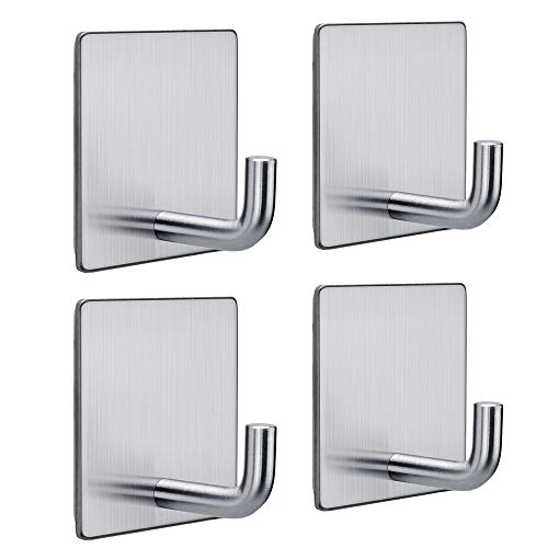 FOTYRIG Heavy Duty Adhesive Hooks Stainless Steel Wall Hangers Sticky Towel Hook for Hanging Bathroom Kitchen Home Stick on Wall Silver-4 Packs