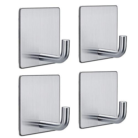 FOTYRIG Heavy Duty Adhesive Hooks Stainless Steel Wall Hangers Sticky Towel Hook for Hanging Bathroom Kitchen Home Stick on Wall Silver-4 Packs
