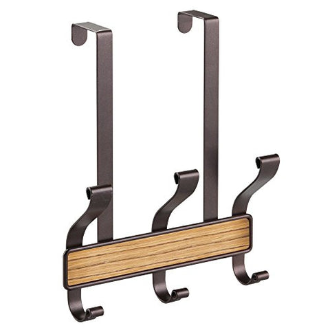 InterDesign RealWood Over Door Storage Rack – Organizer Hooks for Coats, Hats, Robes, Clothes or Towels – 3 Dual Hooks, Bronze/Teak Finish
