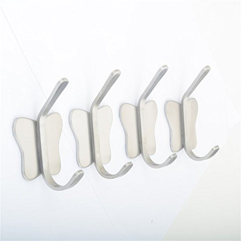 Chrasy Double Robe Hook Self Adhesive Stainless Brushed Steel Bathroom Towel Hooks, 4-Pack with Butterfly Shape (Type D: 4 Pack)