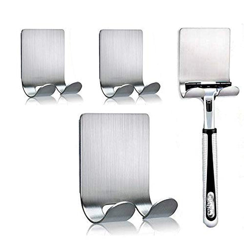 Multi Purpose Razor Holder for Shower Adhesive Hooks Plug Holder Shaver Hook Hanger Stand Stainless Steel Wall Sticky Hooks for Keys, Kitchen Utensils, Towel, Robe, Loofah-4 Packs
