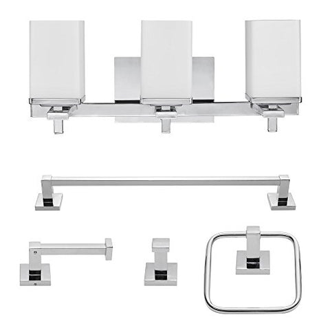 Globe Electric 59221 Finn 5-Piece All-in-One Bath Set, 3-Light Vanity, Bar, Towel Ring, Robe Hook, Toilet Paper Holder, 8.07", Polished Chrome with White Glass