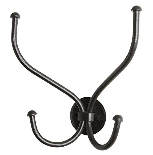 RTZEN Decorative Wall Mount Hanger | Double Wrought Iron Hook for Hat, Coat, Clothes, Towel, Robe | Black Metal Jacket Hanging Hooks Rack | Handmade Décor