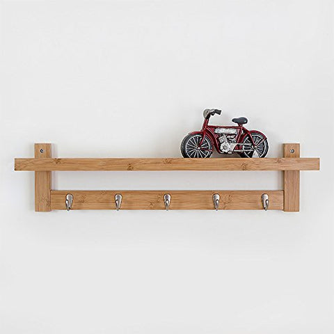 Coat Rack Bamboo Wall Mount Shelf Coat Hook Rack Unibody Construction with Alloy Hooks for Hallway Bedroom,Kitchen,Bathroom and Home Decoration,Natural,5Hook