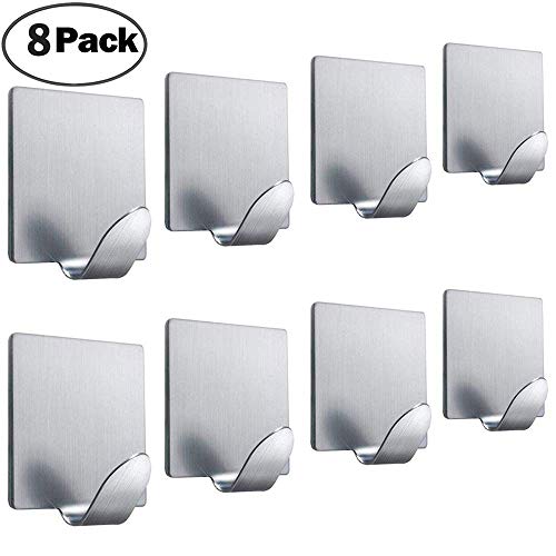 FOTYRIG Adhesive Hooks Wall Hooks Hangers Heavy Duty Waterproof Stick on Towel Hooks for Hanging Bathroom Kitchen Robe Coat Towel Kitchen Utensils Keys Bags Stainless Steel-8 Packs