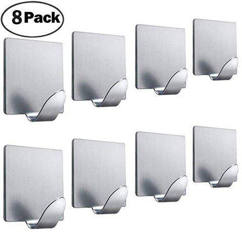 FOTYRIG Adhesive Hooks Wall Hooks Hangers Heavy Duty Waterproof Stick on Towel Hooks for Hanging Bathroom Kitchen Robe Coat Towel Kitchen Utensils Keys Bags Stainless Steel-8 Packs