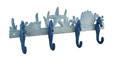 Zeckos Blue and White Seahorses Sea Life Cast Iron Wall Hook