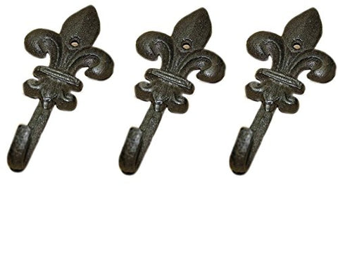 Starworld- 3 set Heavy Cast Iron Antique Style Rustic Fleur De Lis Coat Hooks wall mount Towel Hanger 5.5 inch for Hat Hooks, Key Rack GARDEN Hook Brown Finish