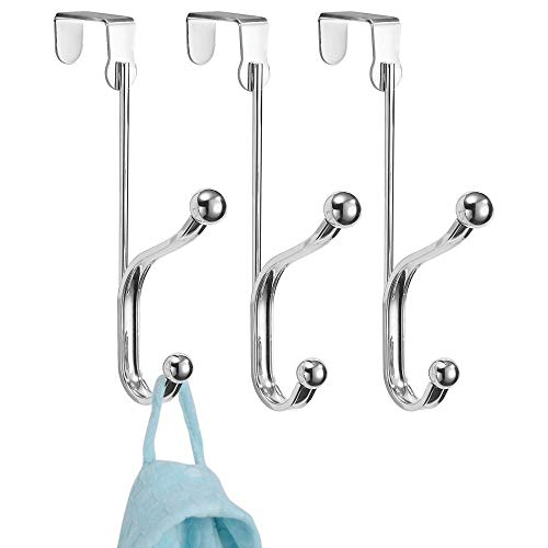 mDesign Decorative Over Door Double Hook Steel Storage Organizer Rack for Coats, Hoodies, Hats, Scarves, Purses, Leashes, Bath Towels, Robes, Clothing - 3 Pack - Chrome