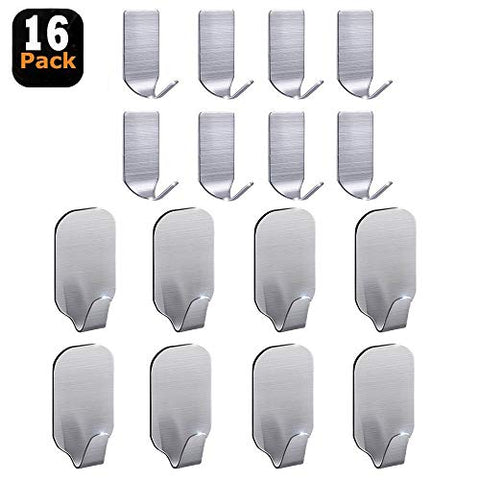FOTYRIG Adhesive Hooks Wall Hooks Hangers Heavy Duty Waterproof Stainless Steel Sticky Hanger Hook for Kitchen Utensils, Keys, Robe, Coat, Towel, Bags-Bathroom, Home, Kitchen, Office (Pack of 16)