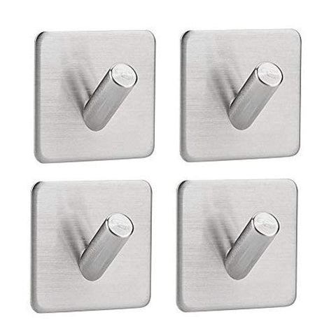 Adhesive Hooks, Stainless Steel Waterproof Heavy Duty Ultra Strong Self Adhesive Bathroom Towel Stick Wall Hook for Jewelry Organizing Hat Coat Home Kitchen Keys Bags Hook (4 pack single hook)