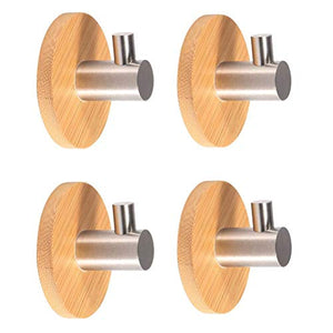 Newness Towel Hooks, [Strong & Sturdy] Modern 304 Stainless Steel and Bamboo Robe Hooks, Waterproof Adhesive Hooks for Hanging Coat, Belt, Keys, Headset, etc. in The Home, Kitchen, Bathroom (4-Pack)