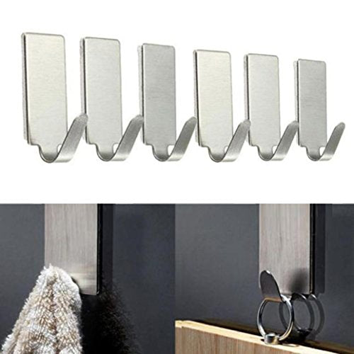 Miklan Self Adhesive Home Kitchen Wall Door Stainless Steel Holder Hook Hanger Kitchen Office Hanger Clothes Bags Towels Plants Storage Rack Tool 6Pcs