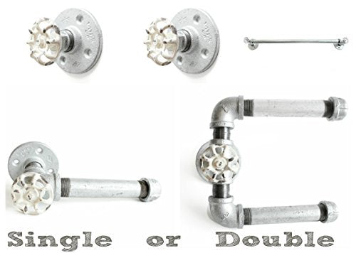 Galvanized Industrial Pipe Bathroom Fixtures SET of 4 - Galvanized grey silver pipe 1 toilet paper roll holder, 1 towel bar / rustic garment rack, 2 Robe / towel hooks Industrial Hooks