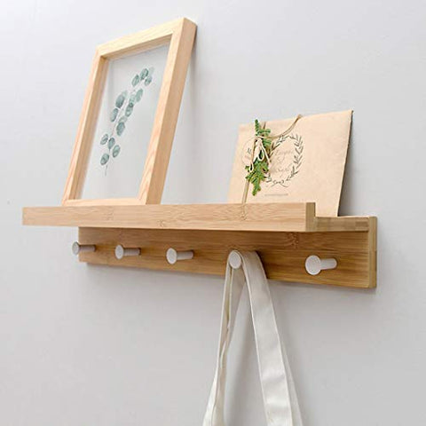 Coat Rack Wall-Mounted Shelf Bamboo Wooden Hook Rack with 5 Alloy Hooks and Upper Shelf for Storage for Entryway Hallway Bathroom Living Room Bedroom Kitchen,Natural