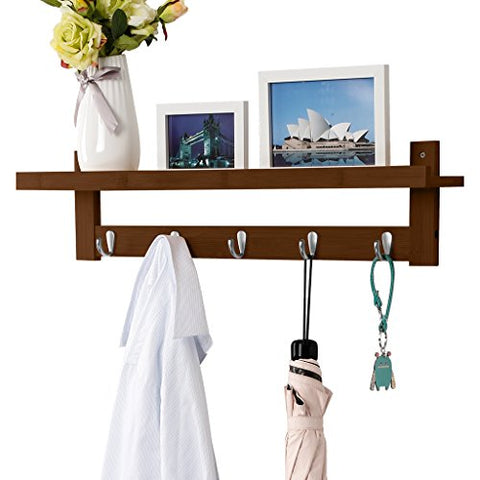LANGRIA Coat Rack Shelf, Coat Rack Wall-Mounted Bamboo Wooden Hook Rack with 5 Metal Hooks and Upper Shelf for Storage Scandinavian Style for Hallway Bathroom Living Room Bedroom, Bamboo Brown Color