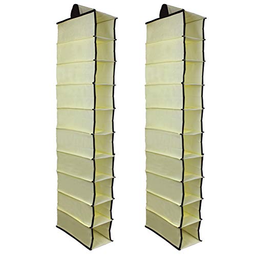 KisSealed 2 Pack 10 Shelves Fabric Hanging Closet Storage Organizer, for Shoes, Handbags, Clothes - 6 x 12 x 47 inch (Beige)