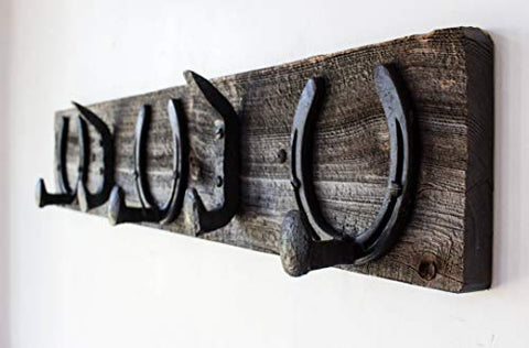 Vintage Rustic Coat Rack –Authentic Barn Wood Hanger Rack for Towels, Clothes, Hats, Bags–Antique Door & Wall Mounted 5-Hook Rail (Horseshoe & Railroad Spike Hook - 32" x 5 ¾ x 7/8", Gray)