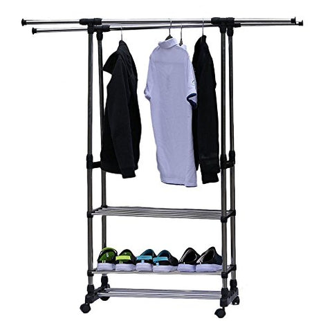 HOBBYN Clothing Garment Rack,Simple Houseware Double Rod Portable Clothing Hanging Garment Rack