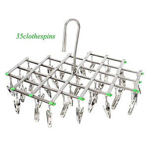 qinglele Swivel Hook Stainless Steel 35 Pegs Drying Rack Clothes Hanger for Underwear Socks Gloves