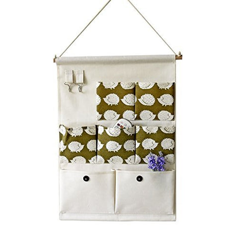 Xaber Kin 19.68'' x 13.78'' Wall Hanging Storage Bags Linen/Cotton Fabric Animal Closet Organizer(7 Pockets with 2 Hangers) (Hedgehog)