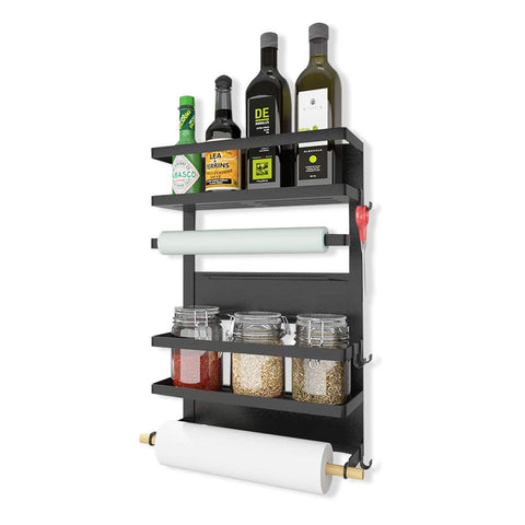 Refrigerator Organizer 4 Tier Magnetic Fridge Spice Rack Paper Towel Holder Multi-purpose Storage Shelf with 5 Hooks, Black