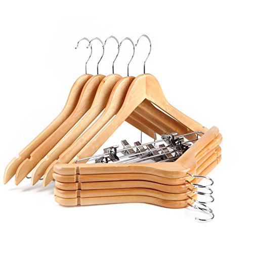 TMAX Solid Natural Finish Wooden Suit Hangers with Anti-rust Pant Clips, 10 Pack