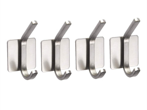 Double Robe Coat Hook Self Adhesive Stainless Brushed Steel Bathroom Towel Hooks Kitchen Office, 4 Packs