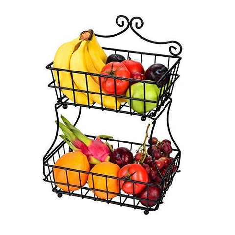 Linkfu 2 Tier Fruit/Bread Basket Removable Screwless Metal Storage Basket Rack for Snack, Bread, Fruit, Vegetables, Counter, Table, Kitchen and Home - Black