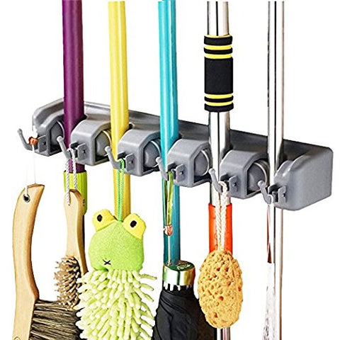Wall Mount Mop Broom Holder Muti-purpose Storage Rack Garage Storage Garden Tool Organizer With 5 Position 6 Hooks