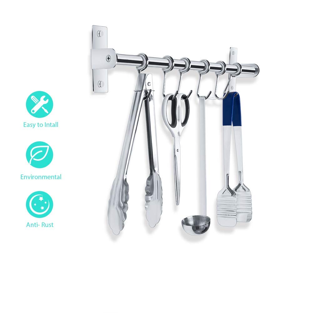 Lesfit Utensil Rack, Kitchen Wall Mounted Stainless Steel Rack Rail for Hanging Knives, Pot and Pan with 8 Removable Hooks, 20 inches