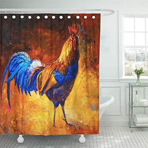 Emvency Shower Curtain Blue Beautiful Oil Painting on Canvas Colorful Rooster Modern Impressionism Brown Chicken Shower Curtains Sets with Hooks 72 x 78 Inches Waterproof Polyester Fabric