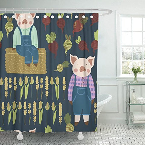 Emvency Shower Curtain Pink Agriculture Cute Farmer Pigs Pattern Adorable Piggy Characters for Autumn Design Animal Shower Curtain 60 x 72 Inches Shower Curtain with Plastic Hooks