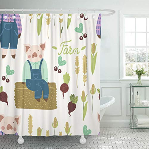 Emvency Shower Curtain Pink Agriculture Cute Farmer Pigs Pattern Adorable Piggy Characters Shower Curtains Sets with Hooks 60 x 72 Inches Waterproof Polyester Fabric