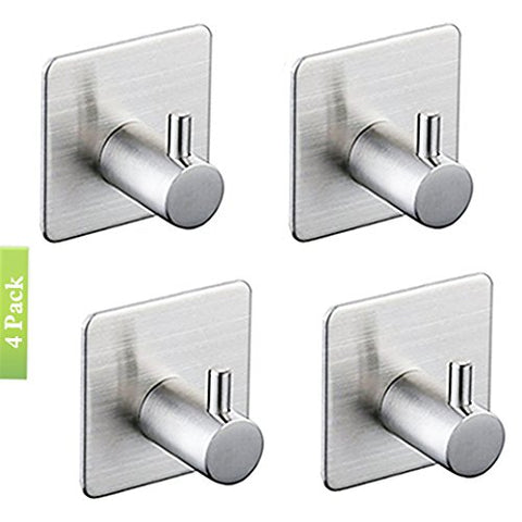 3M Self Adhesive Hooks, Heavy Duty Stainless Steel Key Robe Towel Hooks, Wall Mount Coat Hook Hat Hook, Waterproof, Rustproof for Kitchen Bathroom Toilet Lavatory Closets Organizer(Pack of 4) (B)