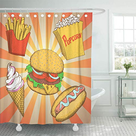 Emvency Shower Curtain Fast Food Meals Cartoon Hamburger Hot Dog Popcorn Sandwich French Fries Potato Ice Cream Pop Style Shower Curtains Sets with Hooks 72 x 78 Inches Waterproof Polyester Fabric