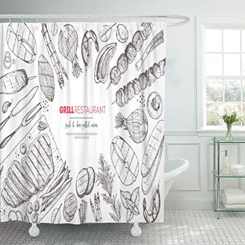 Emvency Shower Curtain BBQ Grilled Meat and Vegetables Top View Engraved Grill Shower Curtains Sets with Hooks 72 x 72 Inches Waterproof Polyester Fabric